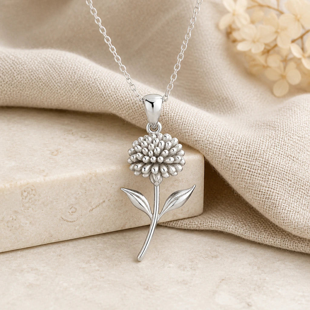 925 sterling silver sedum flower pendant necklace on softly folded cream linen