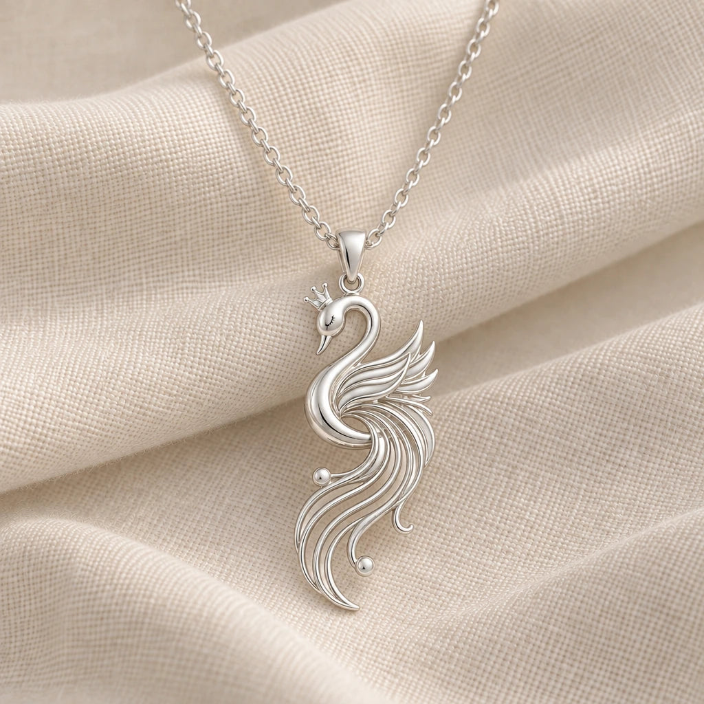 925 sterling silver aurora swan pendant necklace on cream fabric