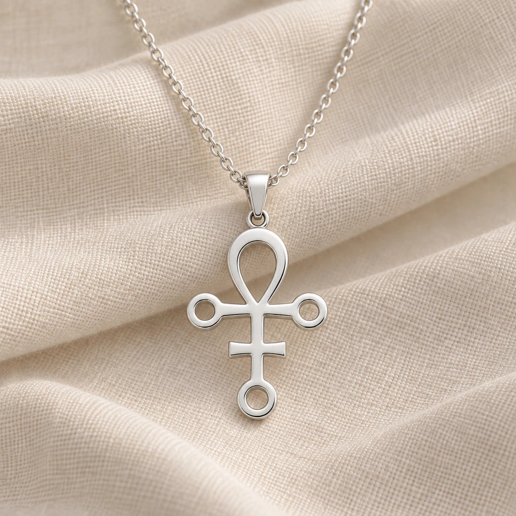 925 sterling silver anubis loop symbol pendant necklace on cream fabric