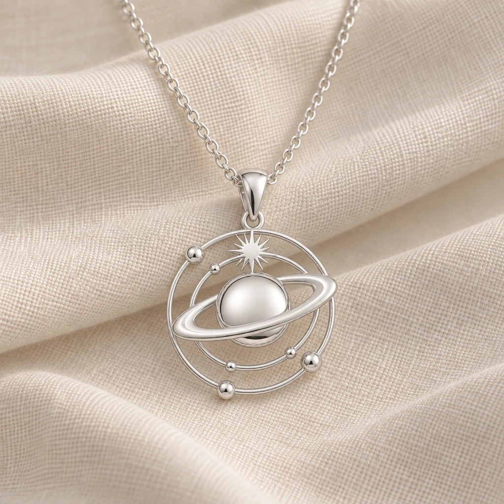 925 sterling silver saturn orbit pendant necklace on cream fabric