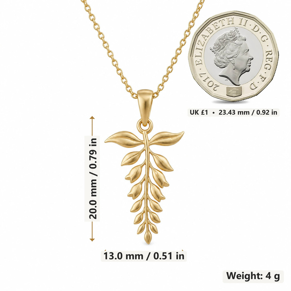 Wisteria Flower pendant necklace size image showing 20 mm height and 13 mm width and 4 g weight