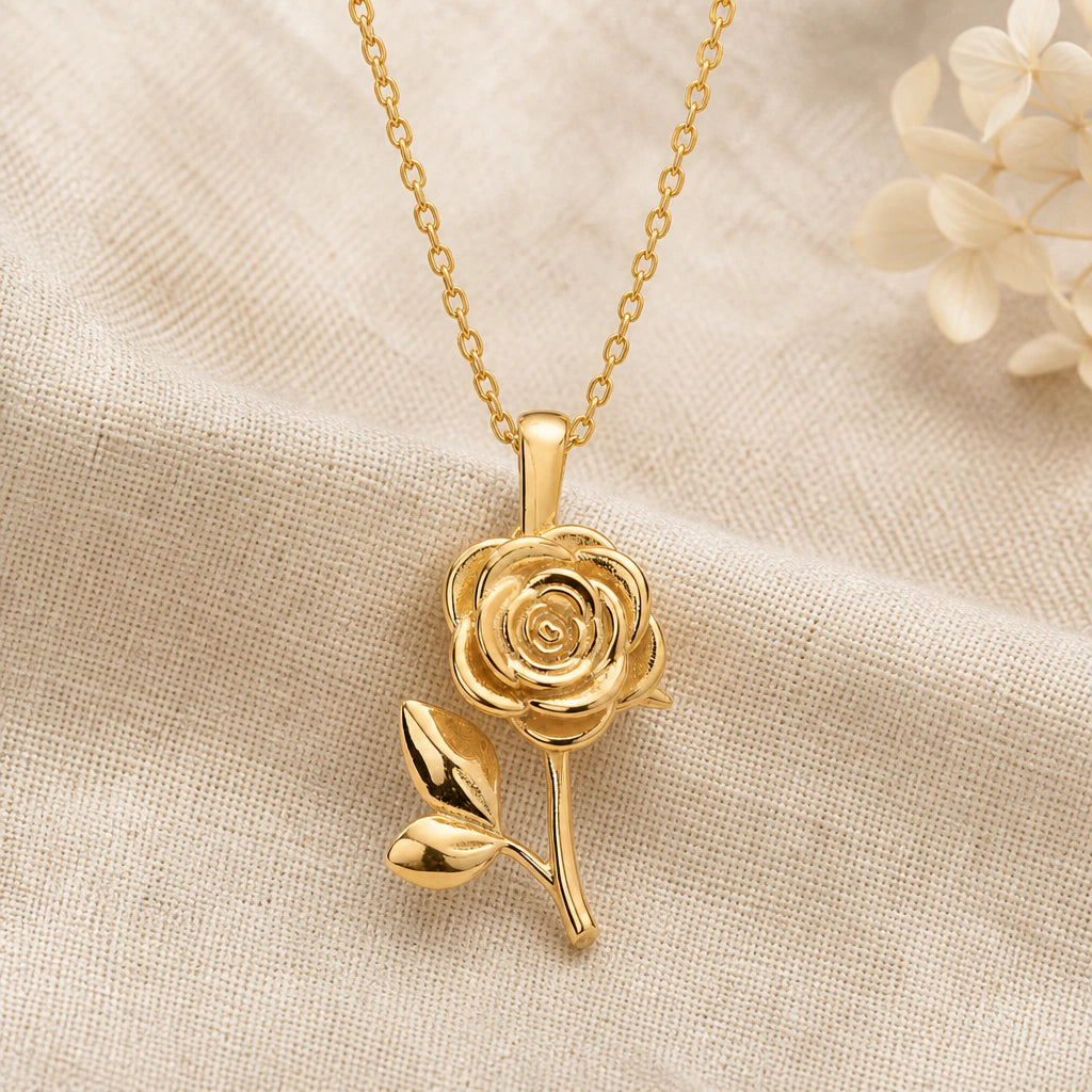 Rose Birth Flower pendant necklace in a warm gold finish on cream fabric