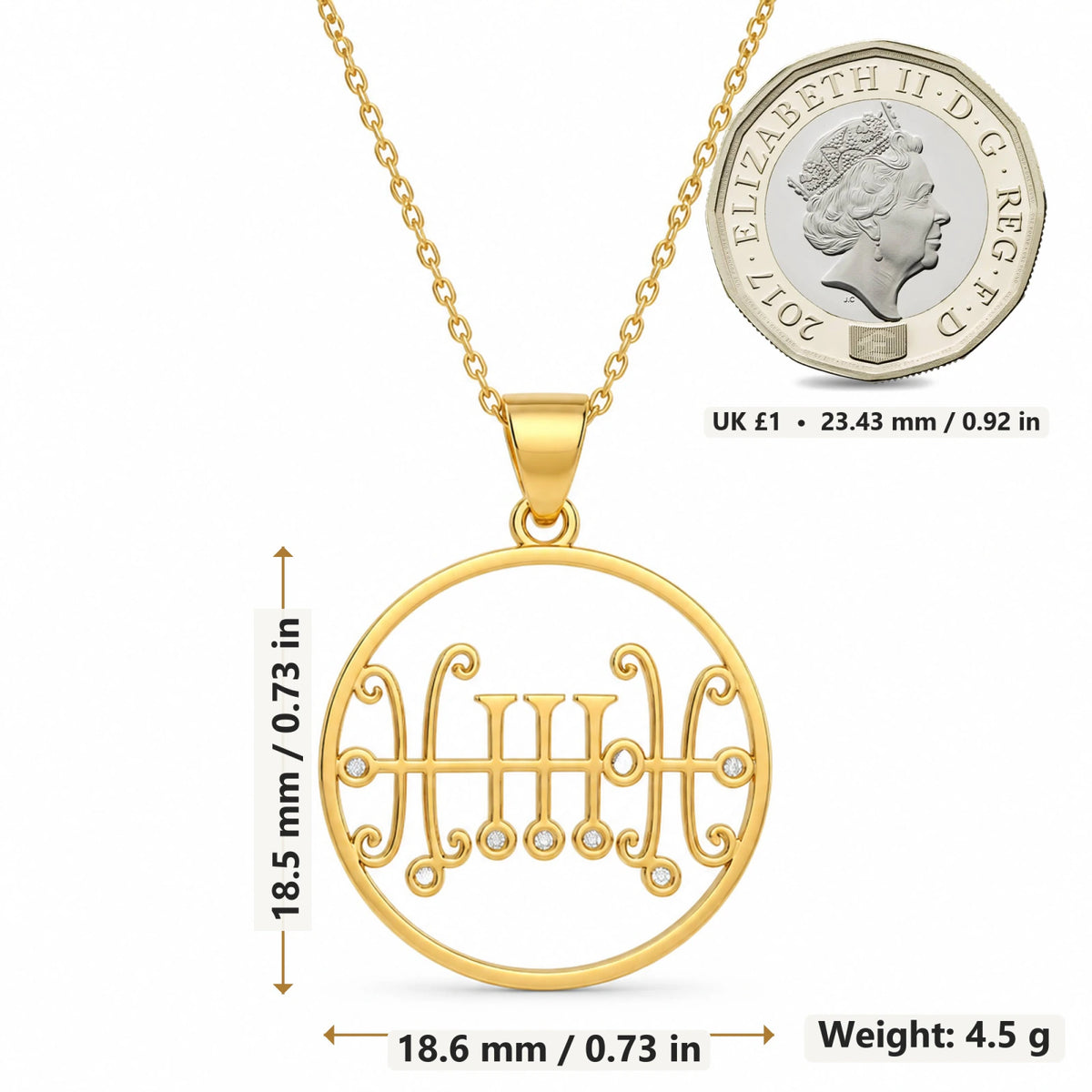 Seal of Sallos Birthstone pendant necklace size image showing 18.5 mm height and 18.6 mm width and 4.5 g weight