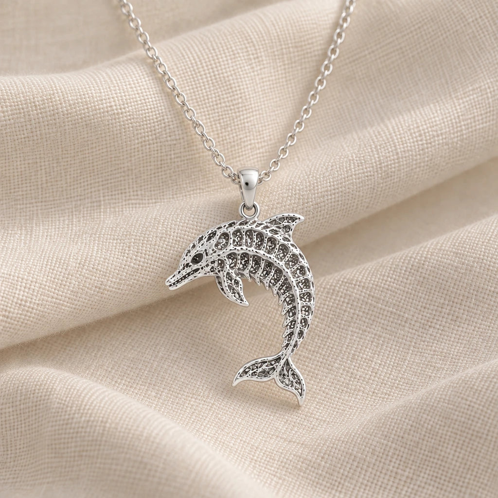 925 sterling silver fossil dolphin artifact pendant necklace on cream fabric