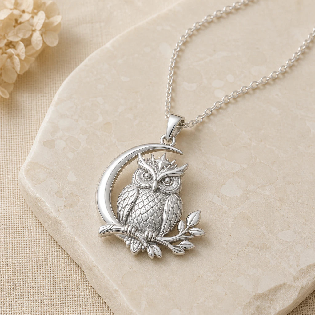 Close-up of silver moon owl pendant showing the sculpted detail