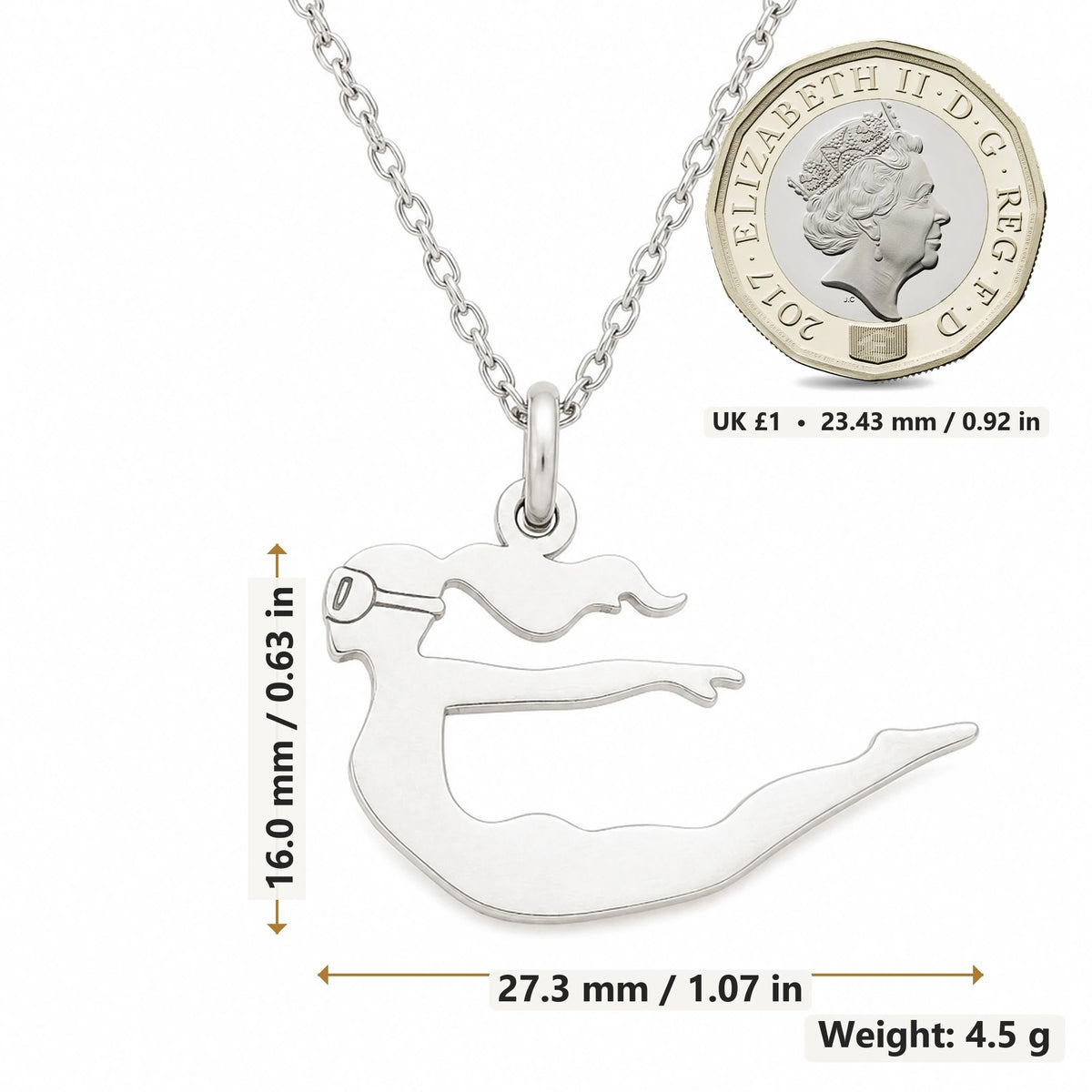 Diver Woman pendant necklace size image showing 16.0 mm height, 27.3 mm width and 4.5 g weight