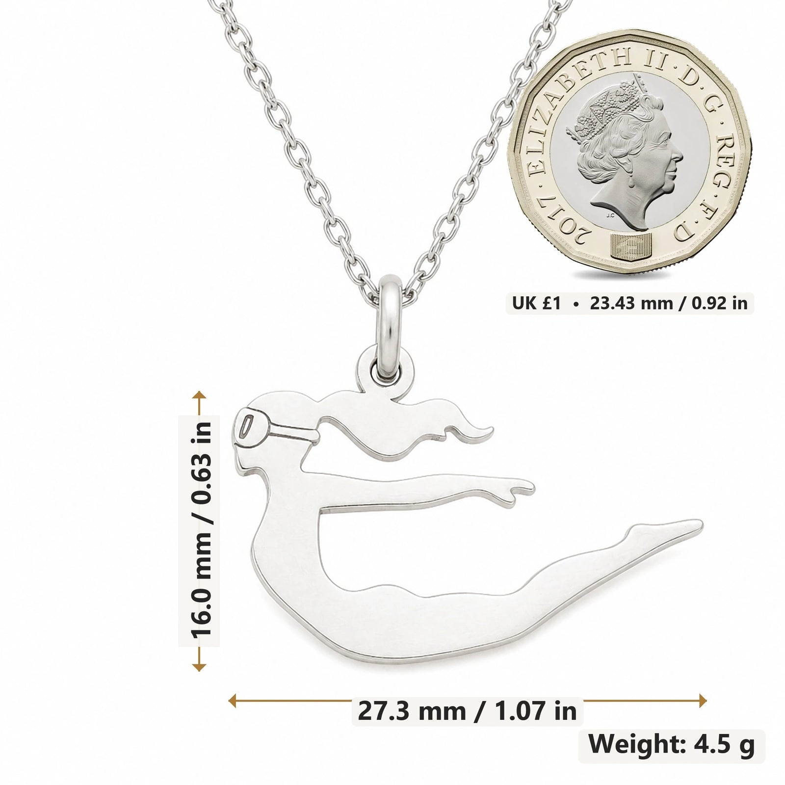 Diver Woman pendant necklace size image showing 16.0 mm height, 27.3 mm width and 4.5 g weight