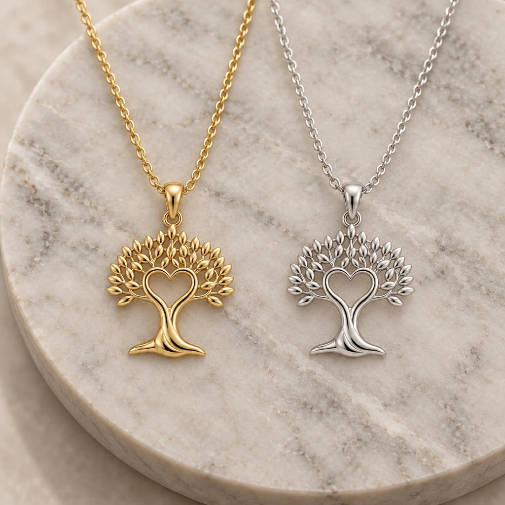 Bodhi Spirit Heart Tree pendant necklace in silver and gold finishes side by side