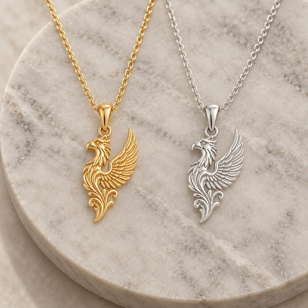 Griffin Wing pendant necklace in silver and gold finishes side by side