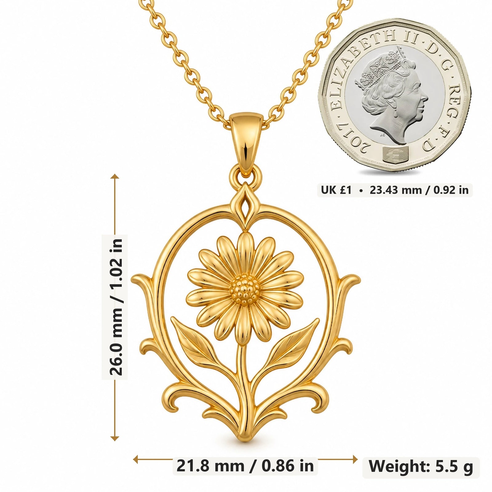 Eternal Daisy Crest pendant necklace size image showing 26.0 mm height, 21.8 mm width and 5.5 g weight