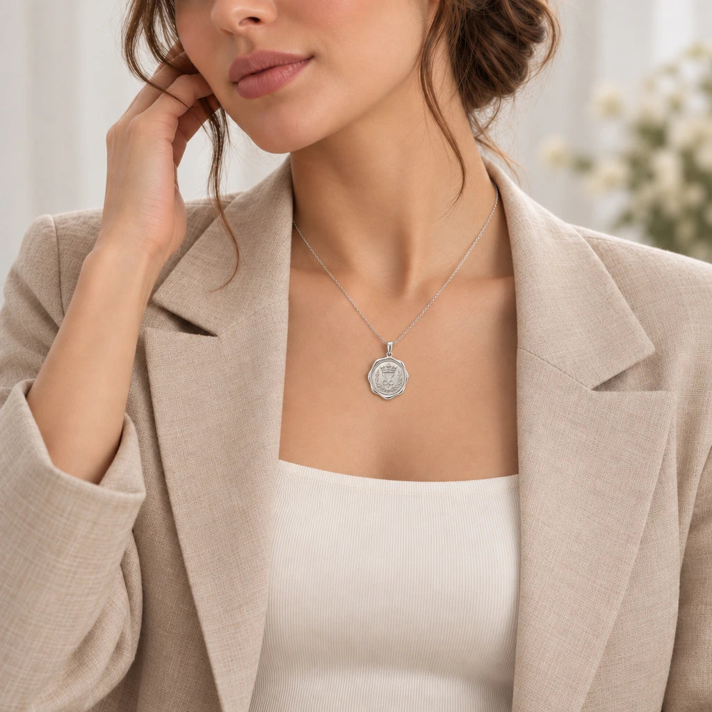 Crown Seal Medallion pendant necklace worn by a model, lifestyle photograph