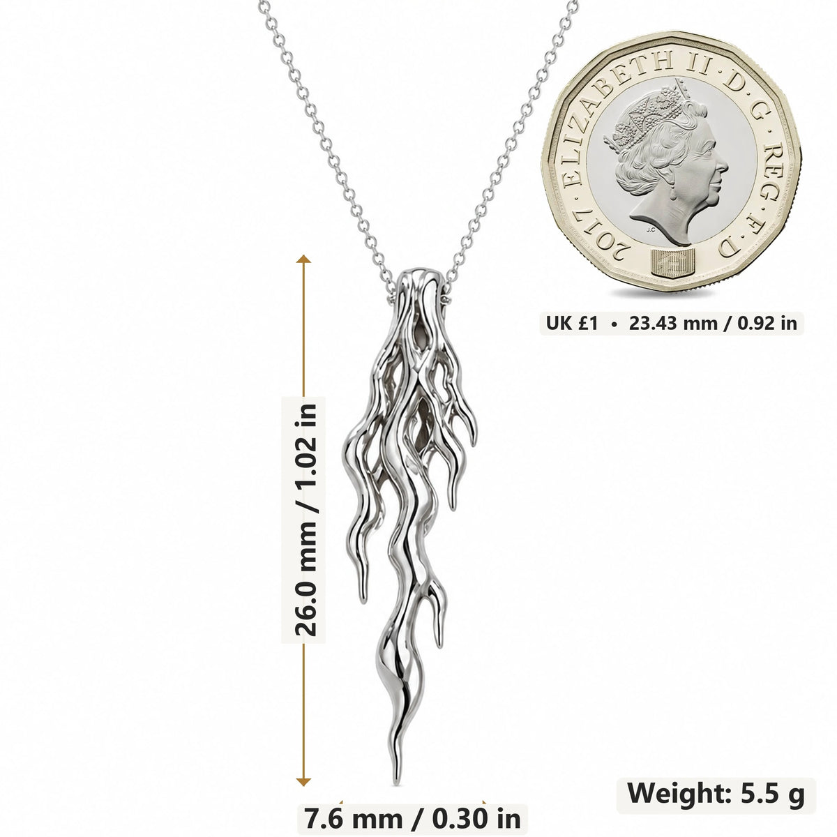 Molten Vein pendant necklace size image showing 26.0 mm height, 7.6 mm width and 5.5 g weight
