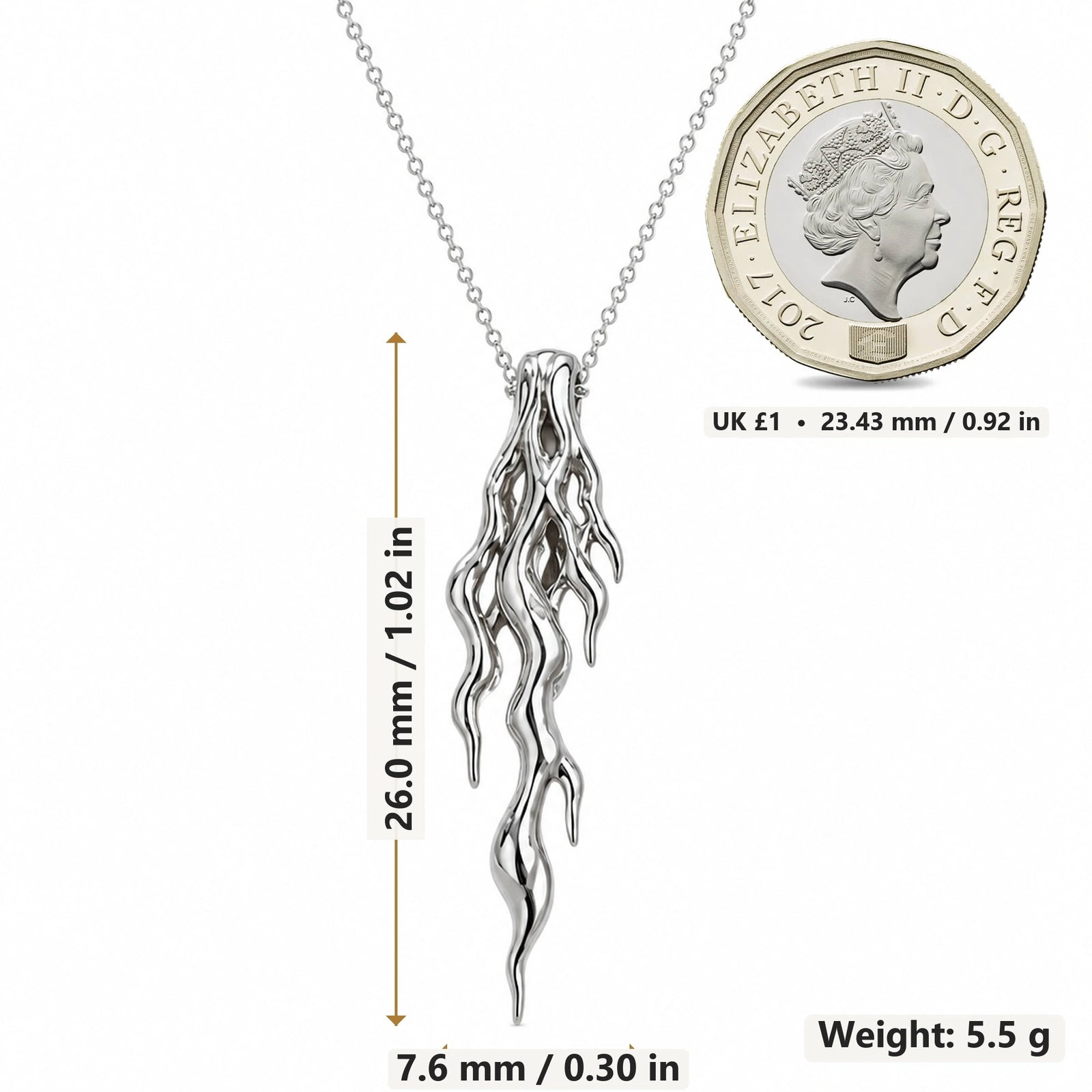 Molten Vein pendant necklace size image showing 26.0 mm height, 7.6 mm width and 5.5 g weight