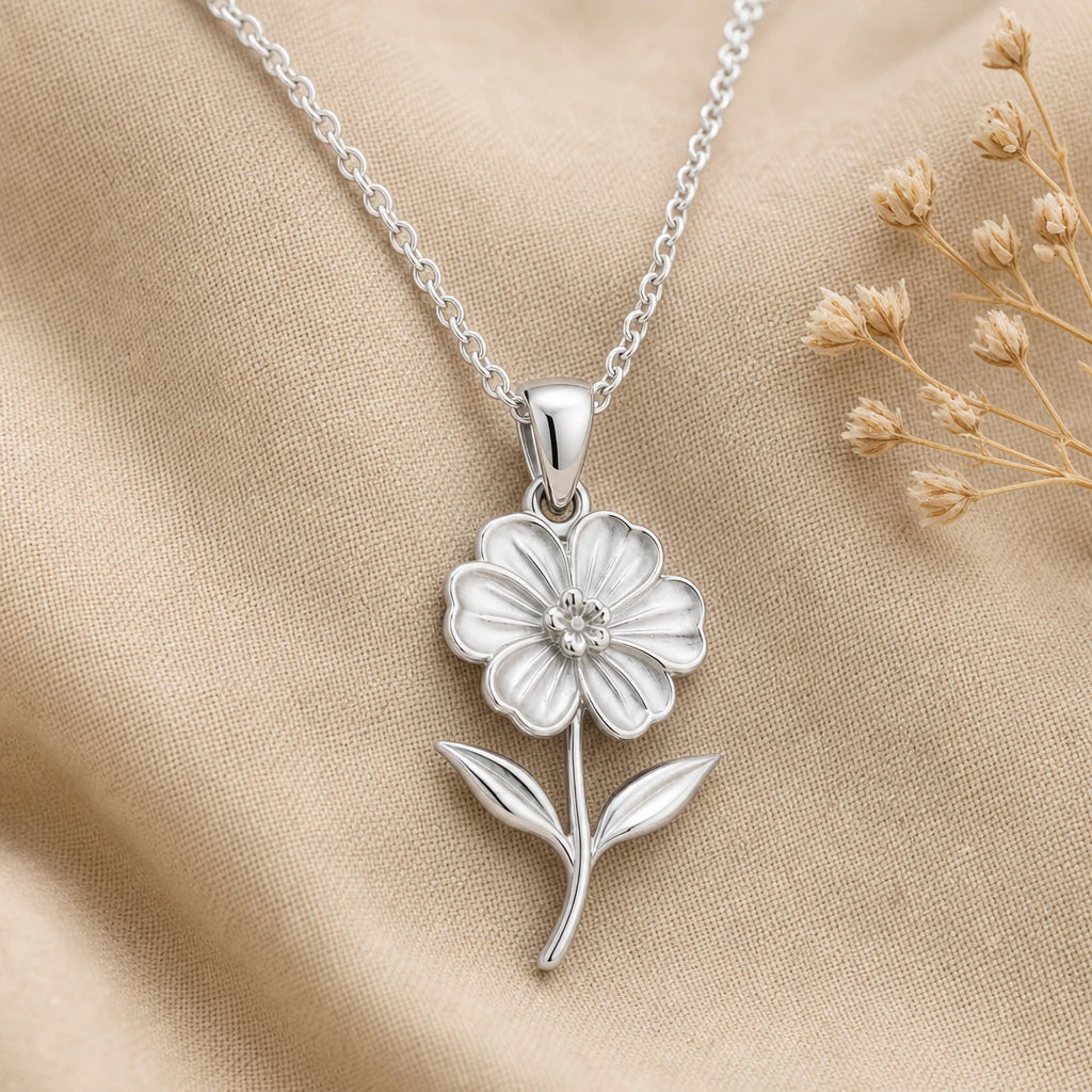 Close-up of silver geranium pendant with five veined petals and leaves
