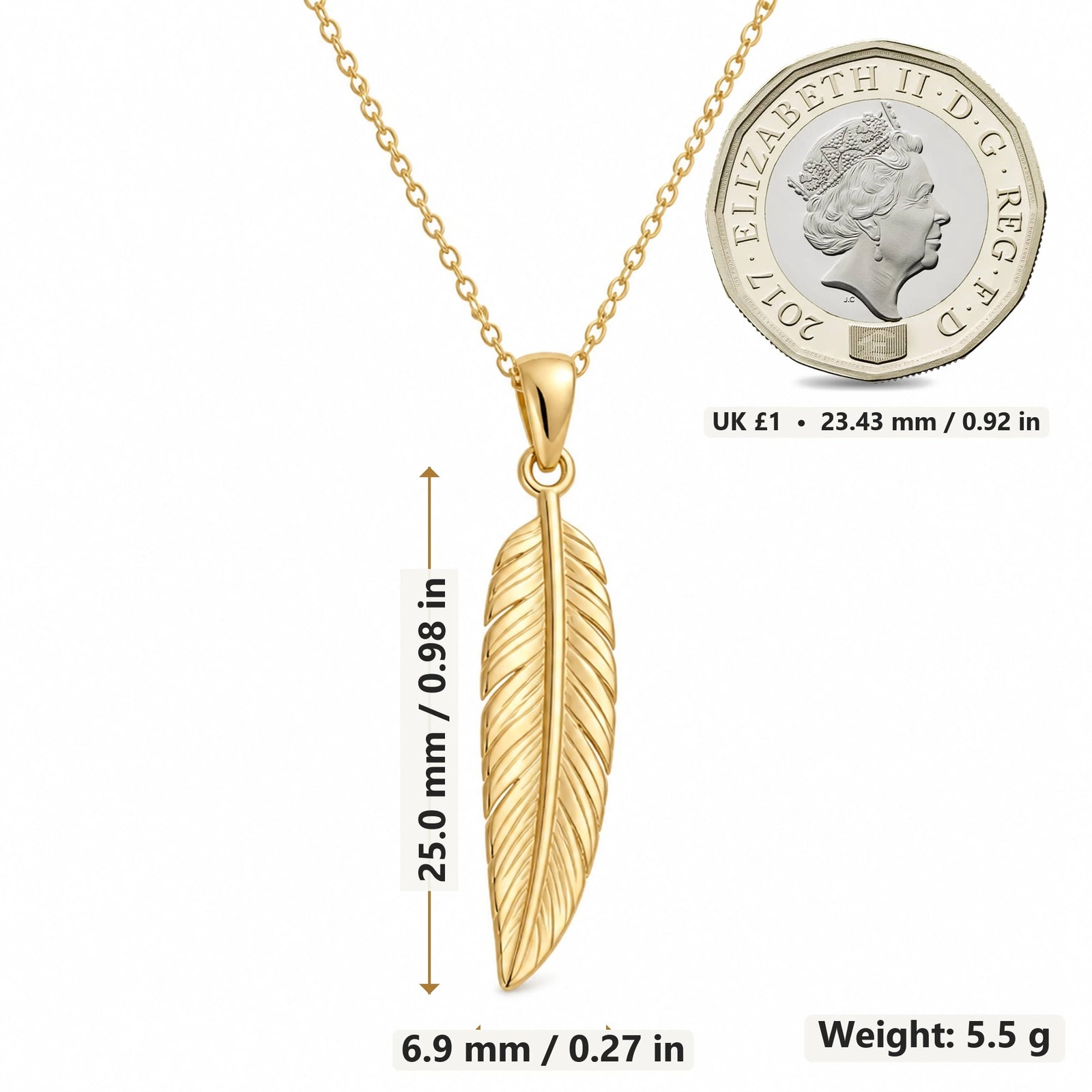 Engraved Feather pendant necklace size image showing 25.0 mm height, 6.9 mm width and 5.5 g weight