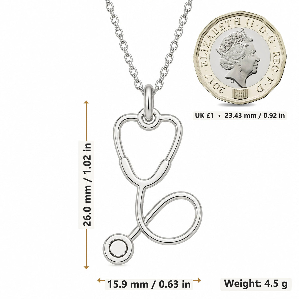 Stethoscope Charm pendant necklace size image showing 26.0 mm height, 15.9 mm width and 4.5 g weight
