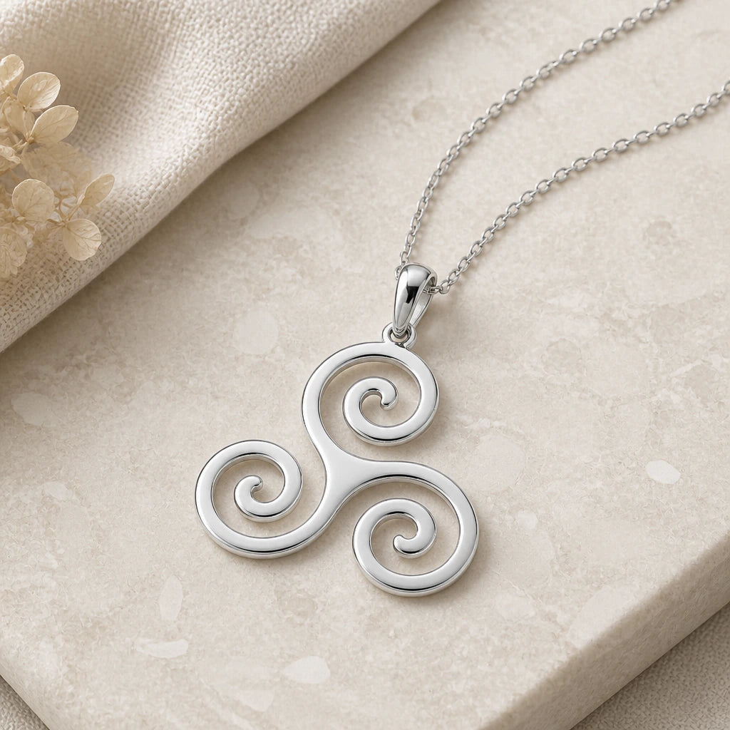 Close-up of silver triskelion pendant showing the sculpted detail