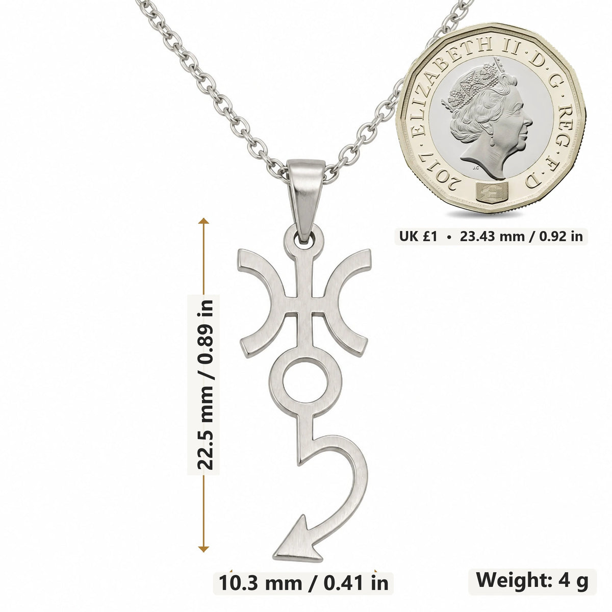 Erinyes Slim Symbol pendant necklace size image showing 22.5 mm height, 10.3 mm width and 4 g weight