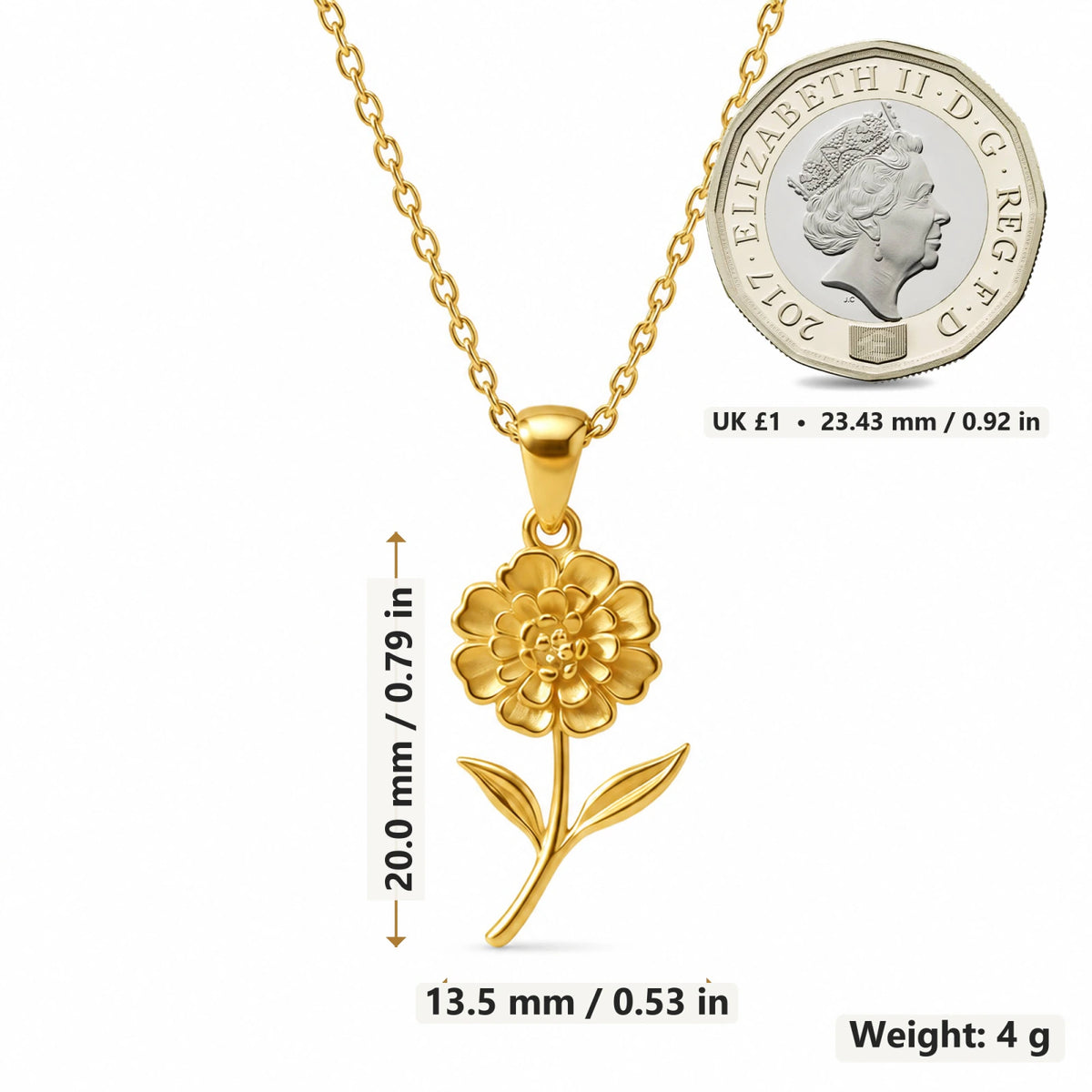 Lantana Flower pendant necklace size image showing 20 mm height and 13.5 mm width and 4 g weight