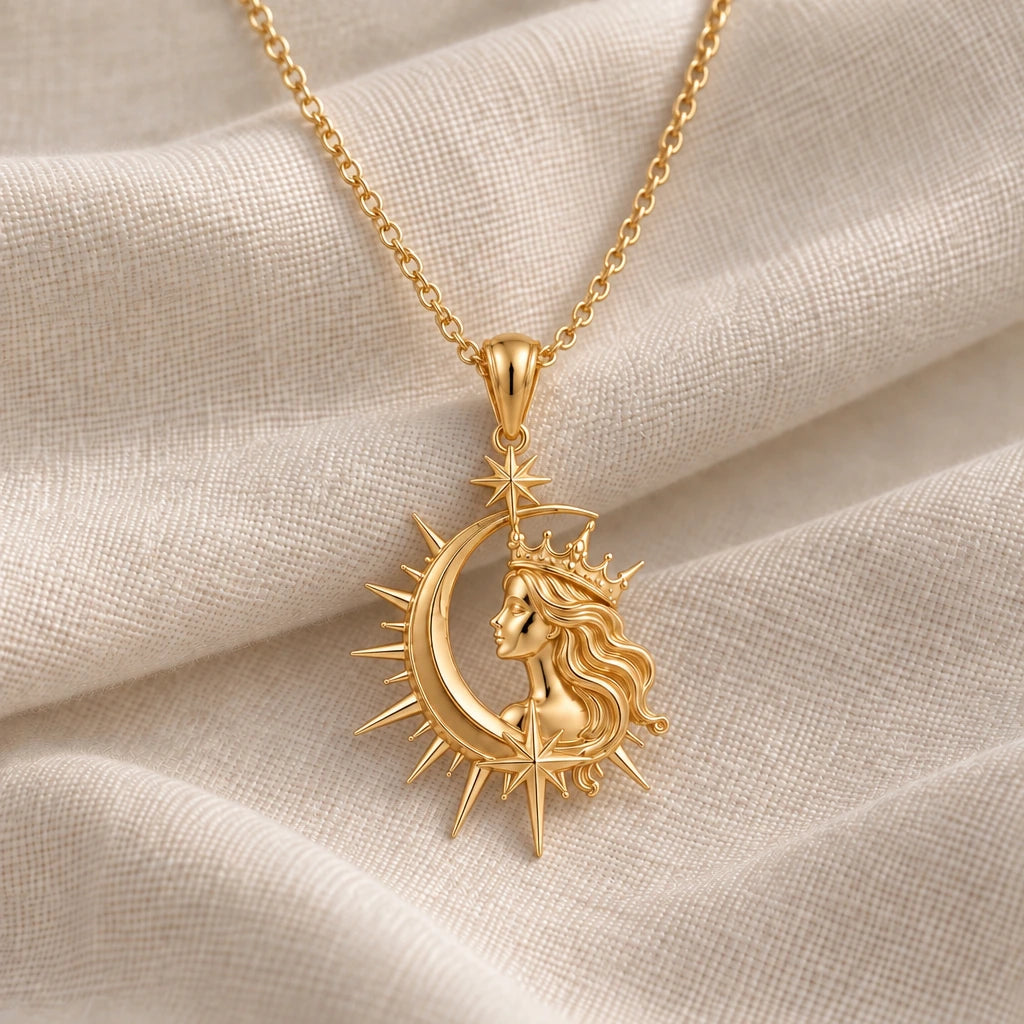 Cosmic Queen Moon pendant necklace in an 18k gold plated finish