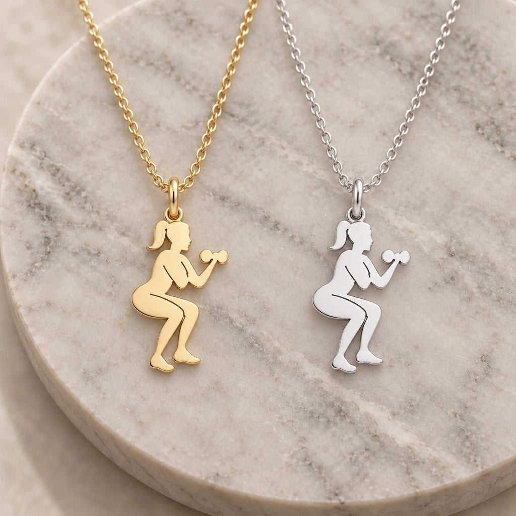 Fitness Squat Woman pendant necklace in silver and gold finishes side by side