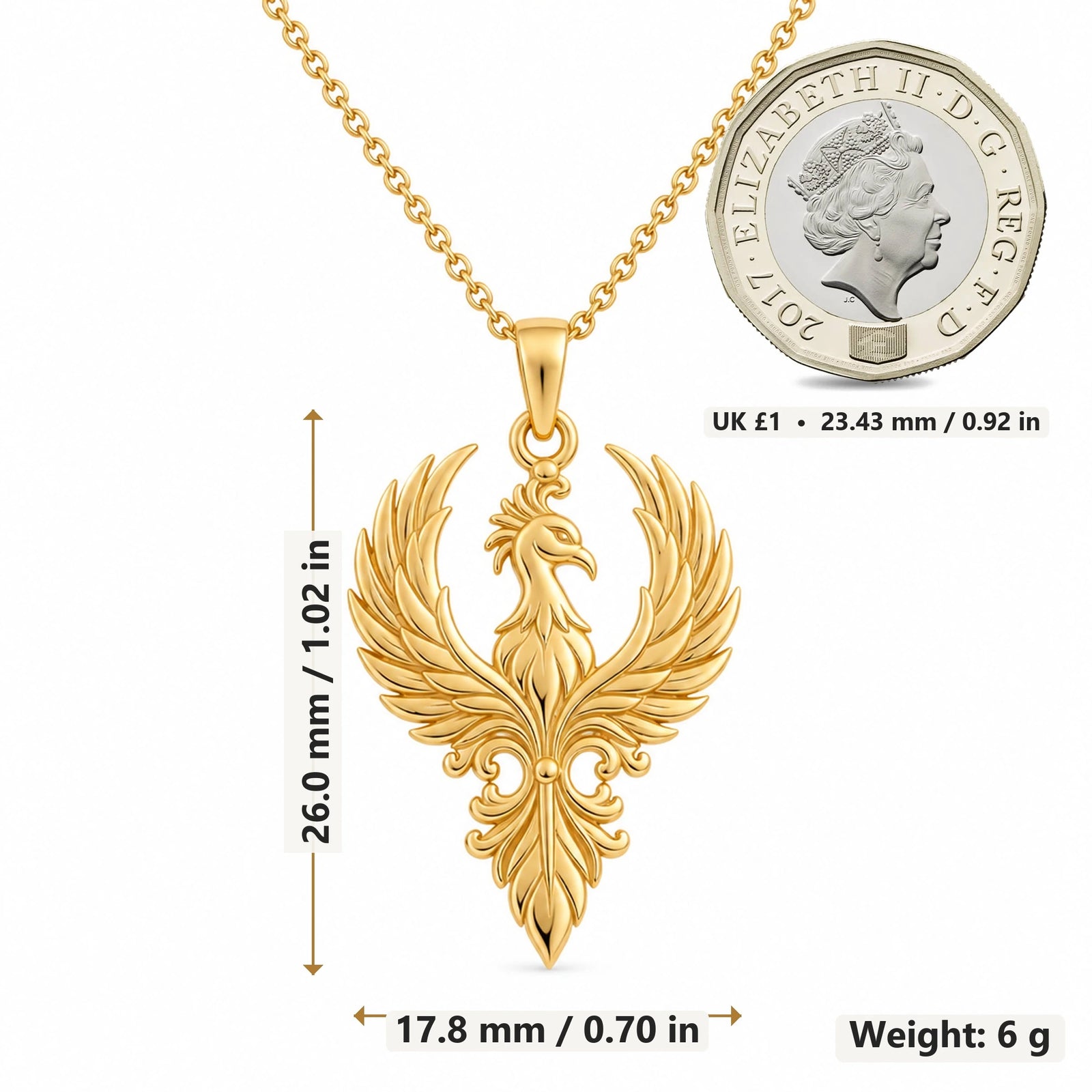 Phoenix Crest pendant necklace size image showing 26.0 mm height, 17.8 mm width and 6 g weight