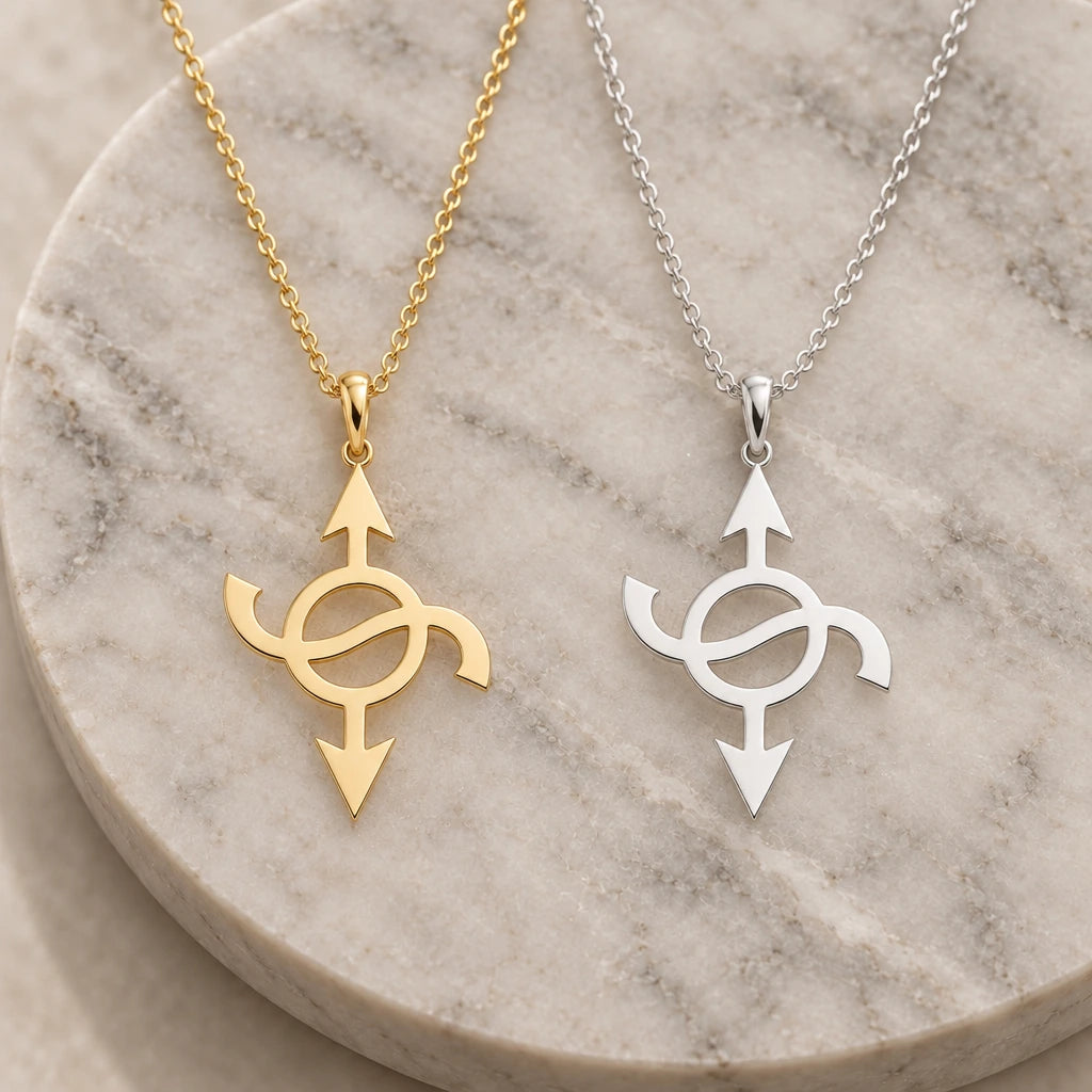 Quasar Symbol pendant necklace in silver and gold finishes side by side