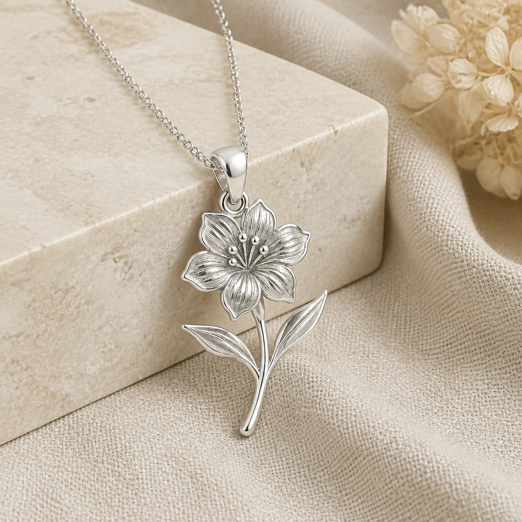 925 sterling silver rhododendron flower pendant necklace on softly folded cream linen