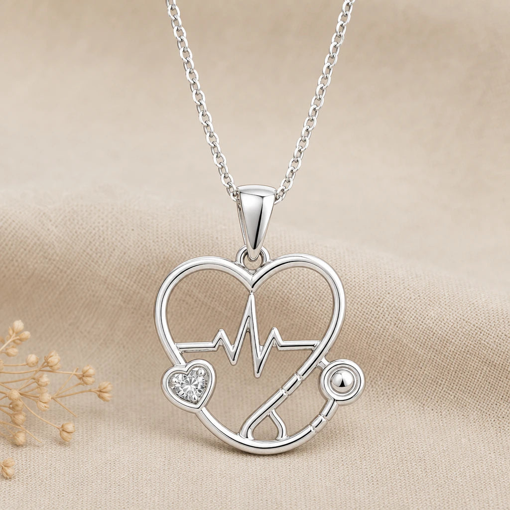 Nurse Stethoscope Heart Birthstone Pendant Necklace in sterling silver, second view