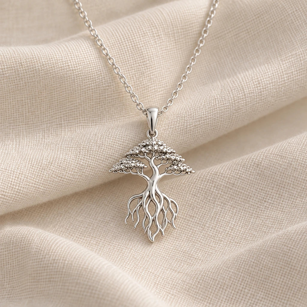 925 sterling silver banyan root bonsai pendant necklace on cream fabric