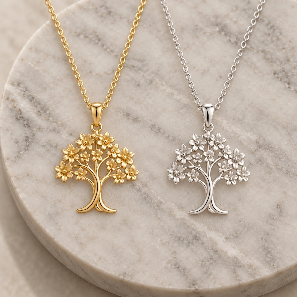 Orchid Tree Blossom pendant necklace in silver and gold finishes side by side