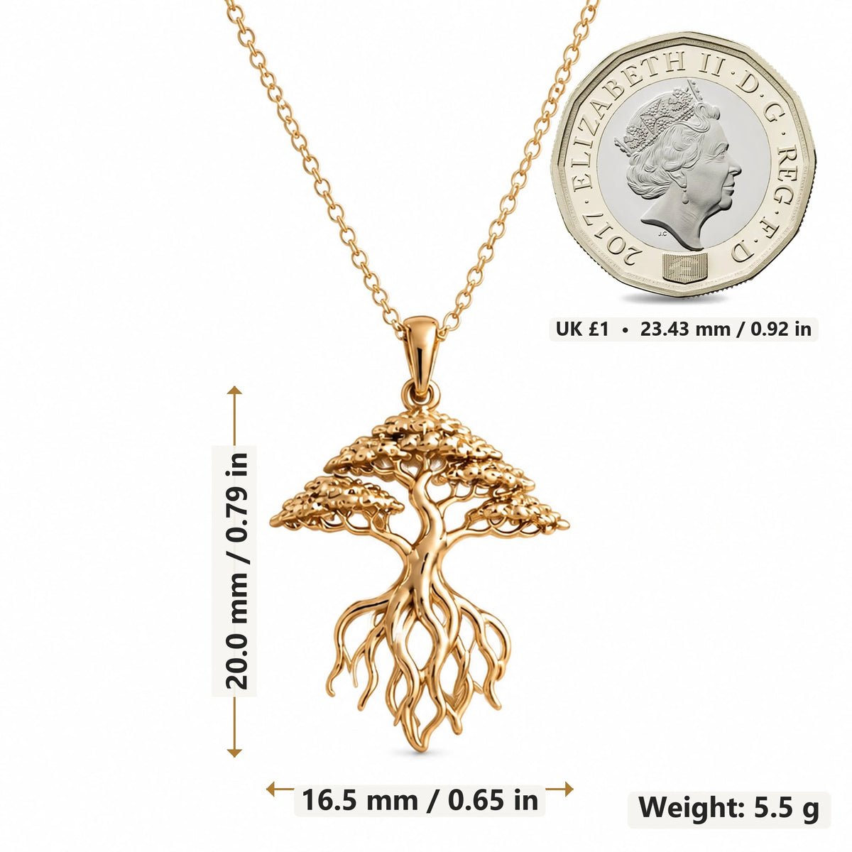 Banyan Root Bonsai pendant necklace size image showing 20.0 mm height, 16.5 mm width and 5.5 g weight