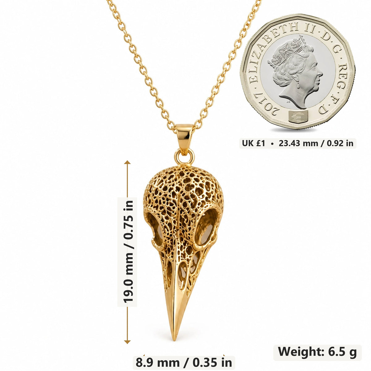 Raven Skull Relic pendant necklace size image showing 19.0 mm height, 8.9 mm width and 6.5 g weight