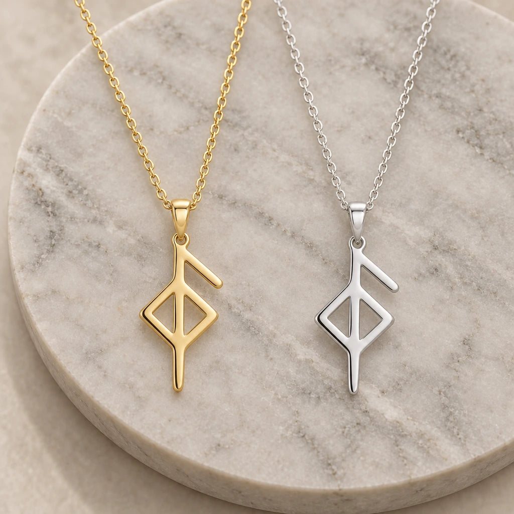 Health Bind Rune pendant necklace in silver and gold finishes side by side