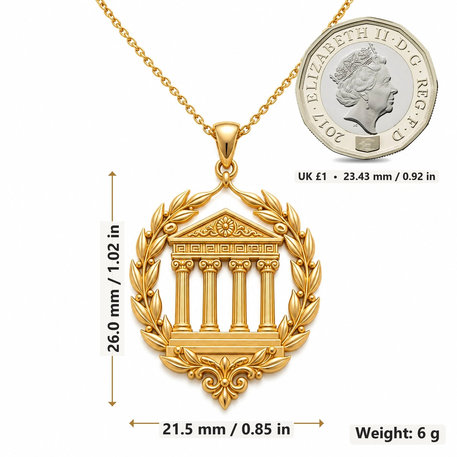 Greek Temple Laurel pendant necklace size image showing 26.0 mm height, 21.5 mm width and 6 g weight