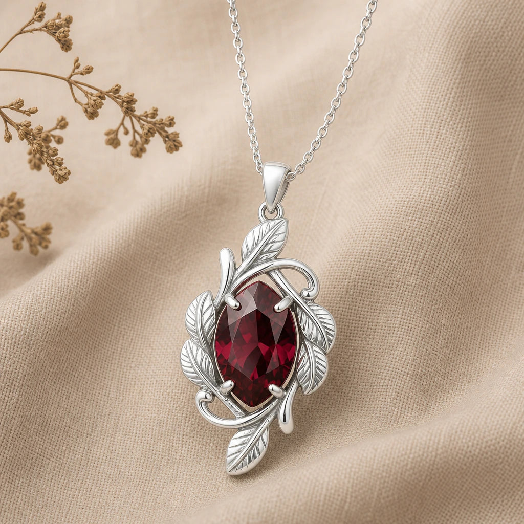 Crimson Leaf Vine Birthstone Pendant Necklace in sterling silver, second view