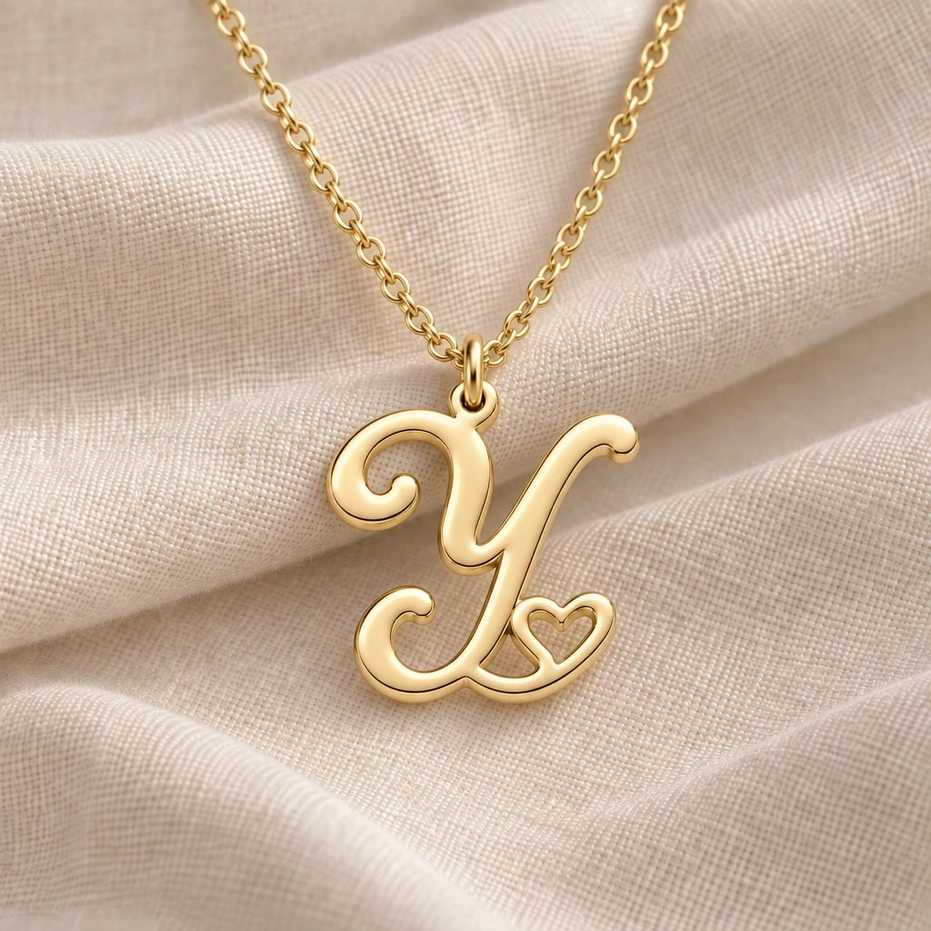 Y Initial Heart pendant necklace in a warm gold finish on cream fabric