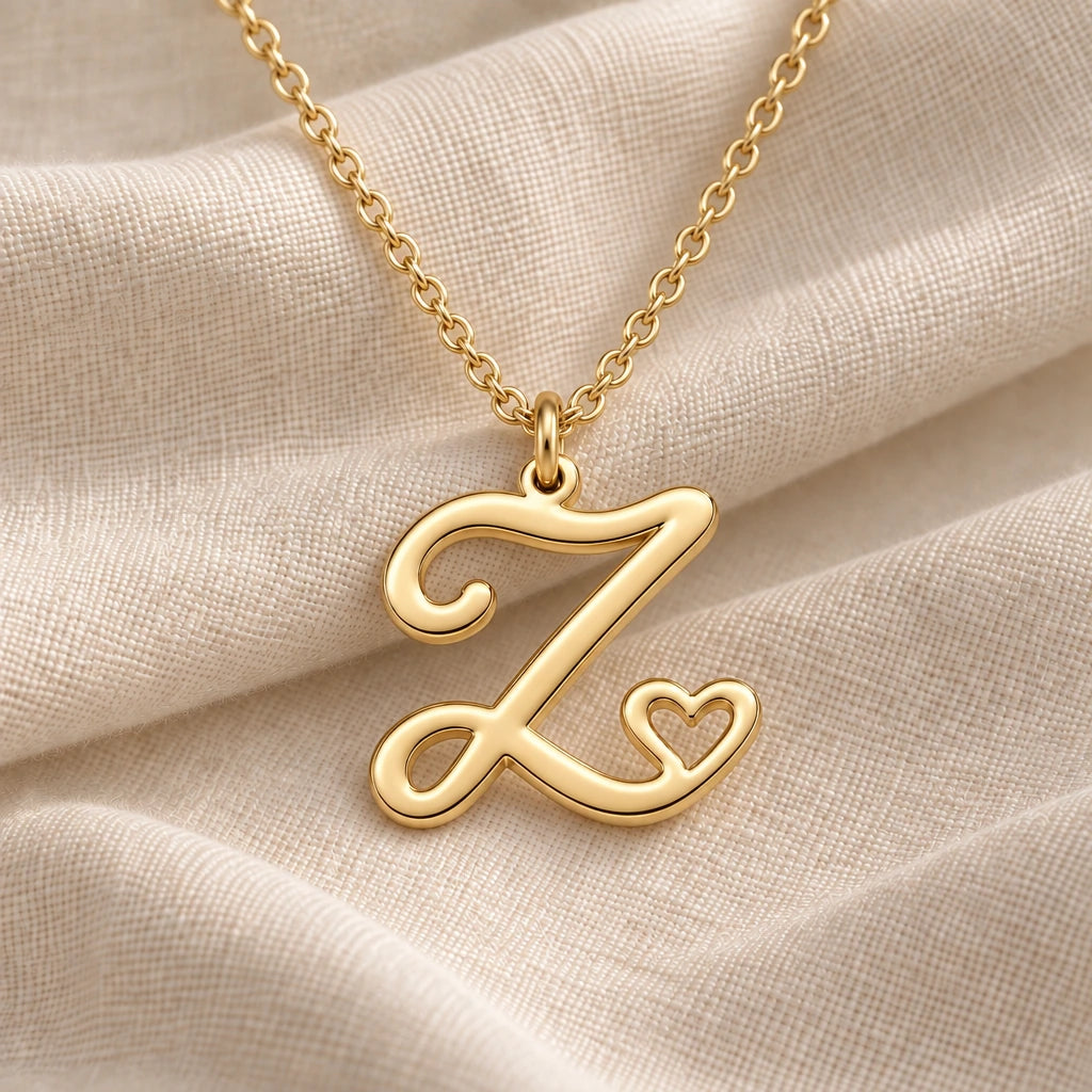 Z Initial Heart pendant necklace in a warm gold finish on cream fabric
