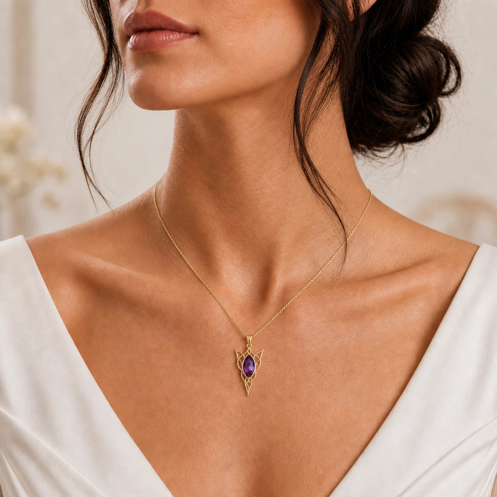 Elven Knot Birthstone Charm Pendant Necklace worn, second view