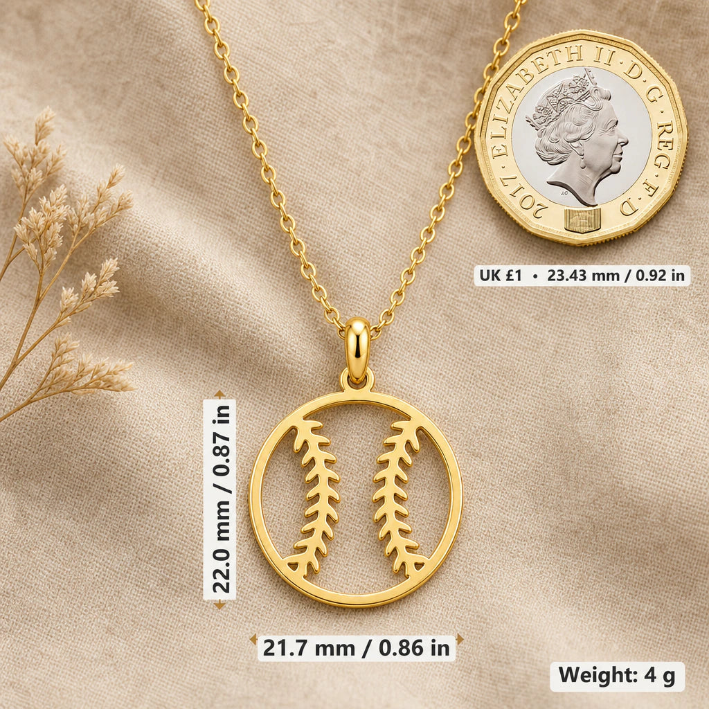 Baseball Pendant Necklace size guide, 22 by 21.7 mm