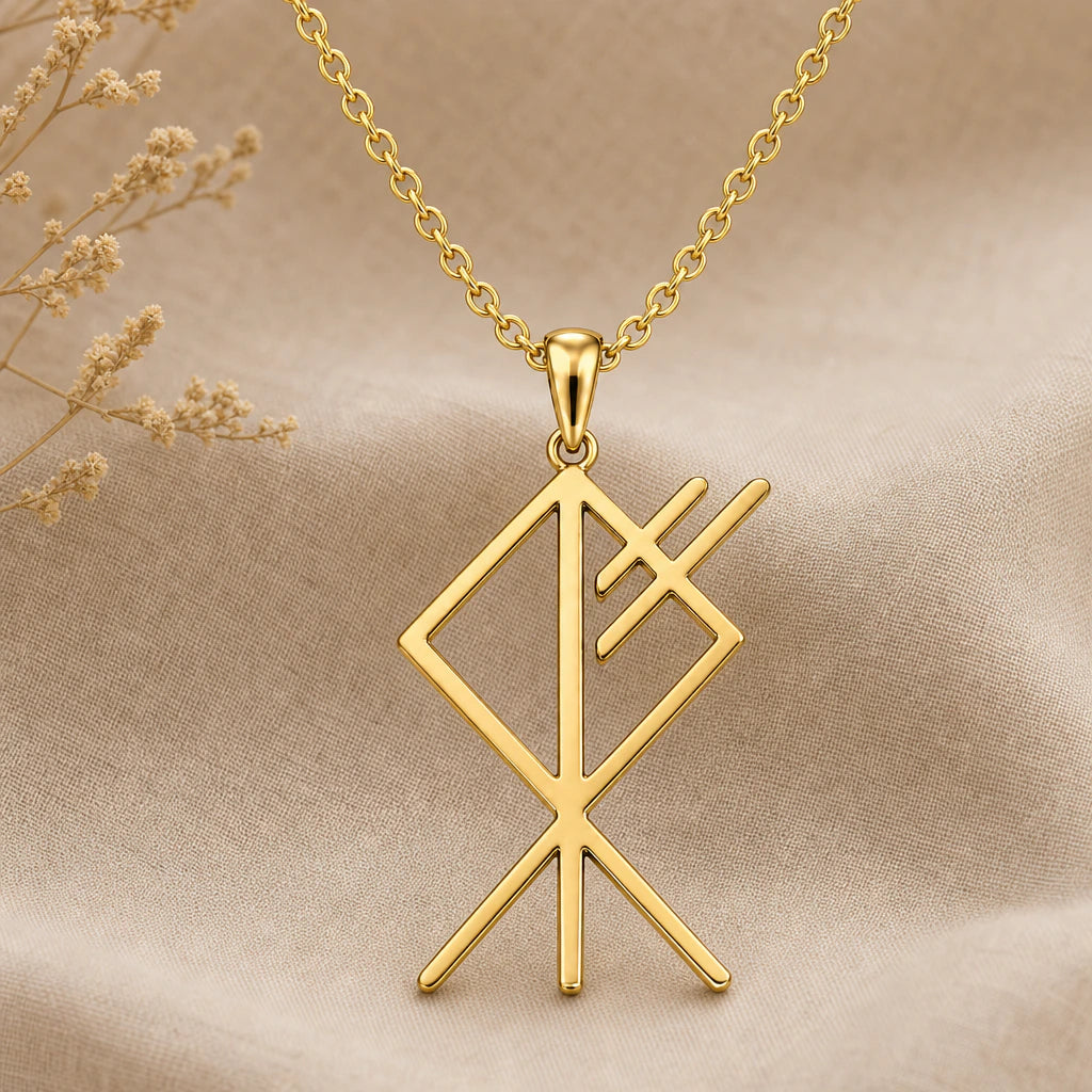 Viking Wolf Bind Rune Pendant Necklace in 18k gold plated sterling silver