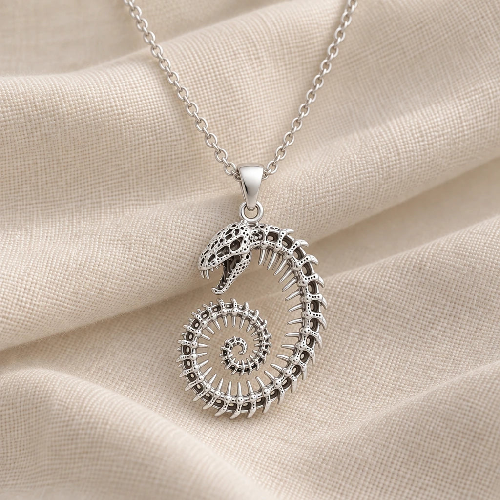 925 sterling silver fossil cobra skeleton spiral pendant necklace on cream fabric