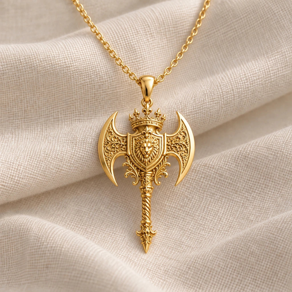Divine Axe Lion Crest pendant necklace in an 18k gold plated finish