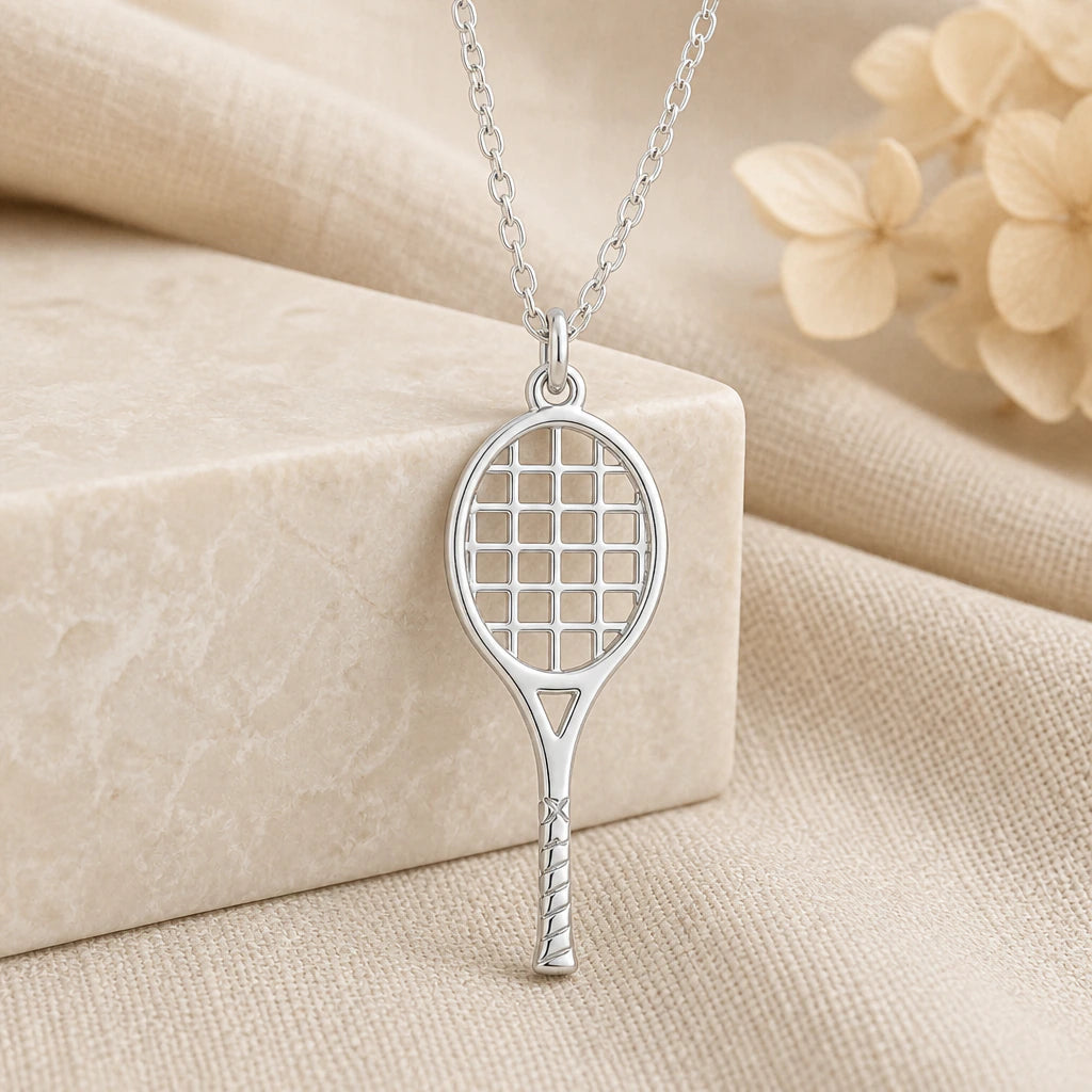 925 sterling silver tennis racket pendant necklace on softly folded cream linen