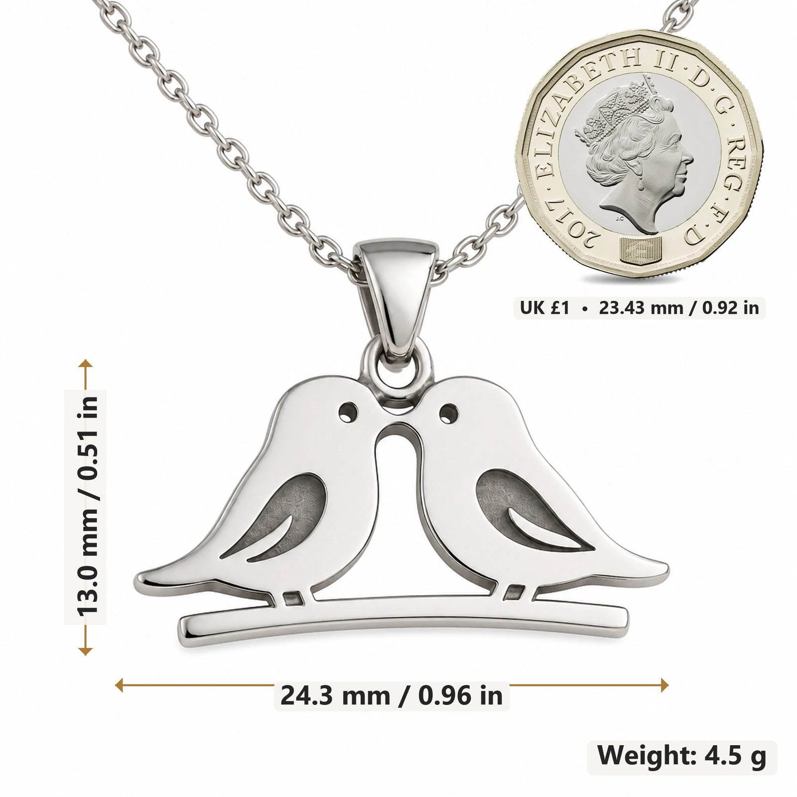 Love Birds pendant necklace size image showing 13.0 mm height, 24.3 mm width and 4.5 g weight
