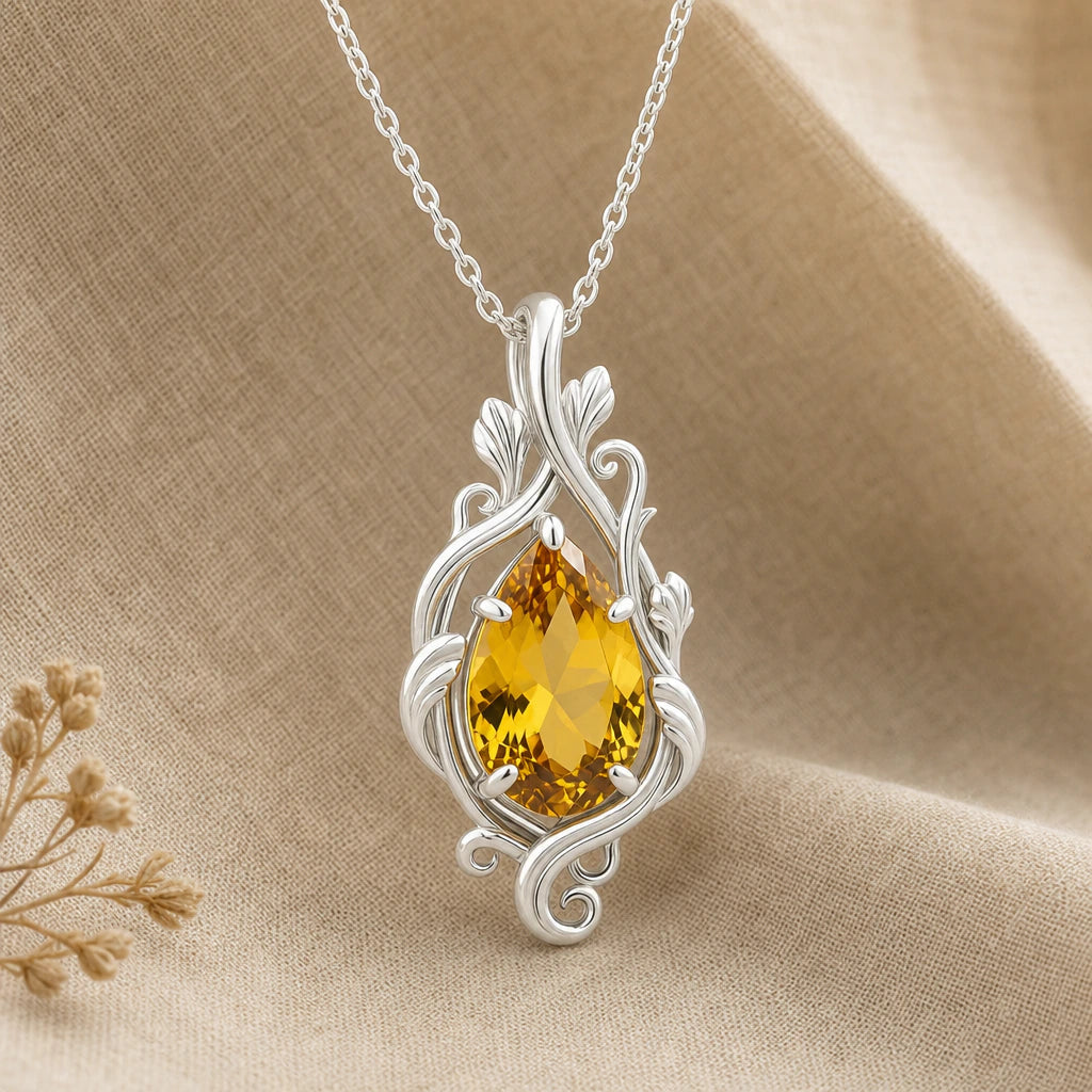 Curling Leaf Teardrop Birthstone Pendant Necklace in sterling silver, second view