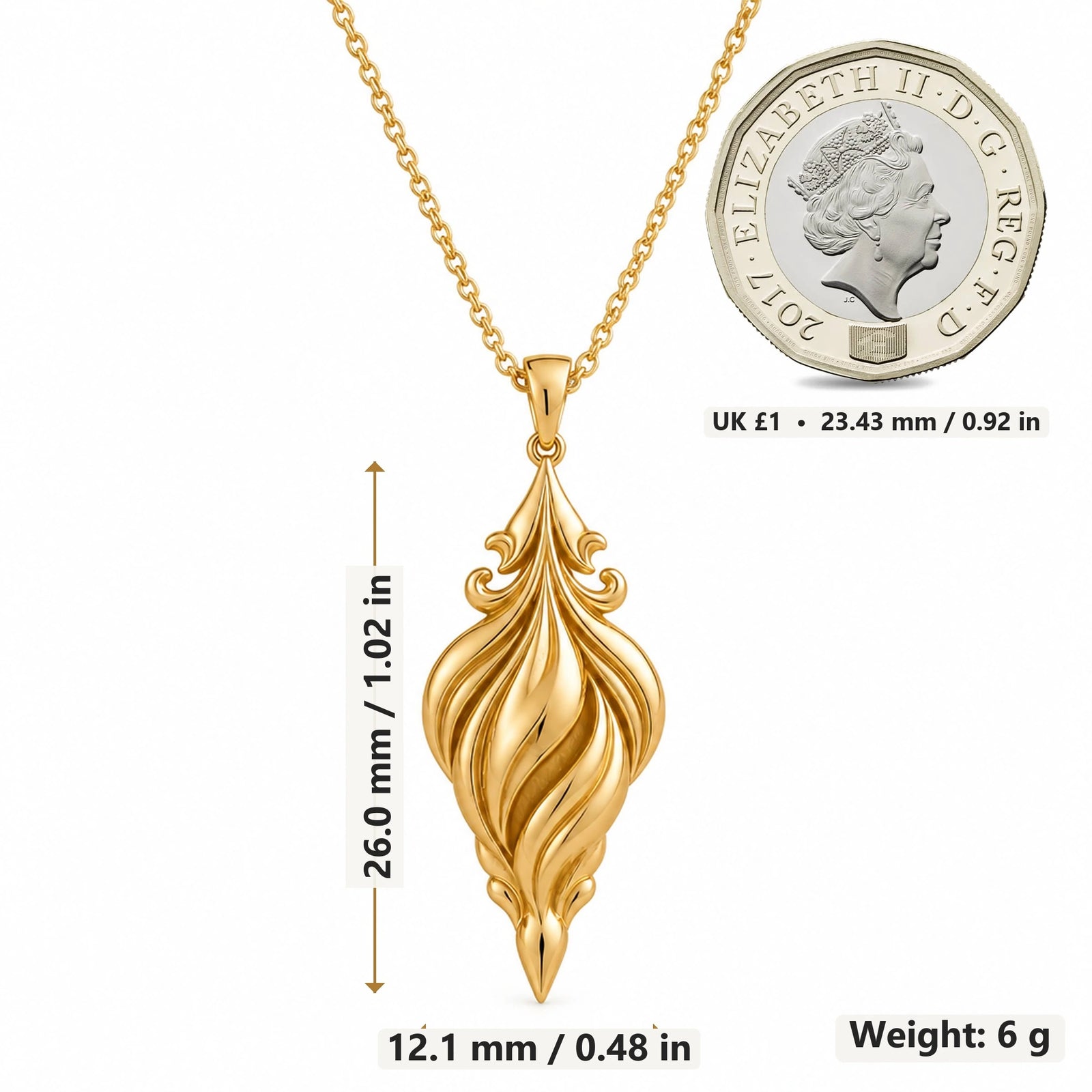 Sacred Aurora Drop pendant necklace size image showing 26.0 mm height, 12.1 mm width and 6 g weight