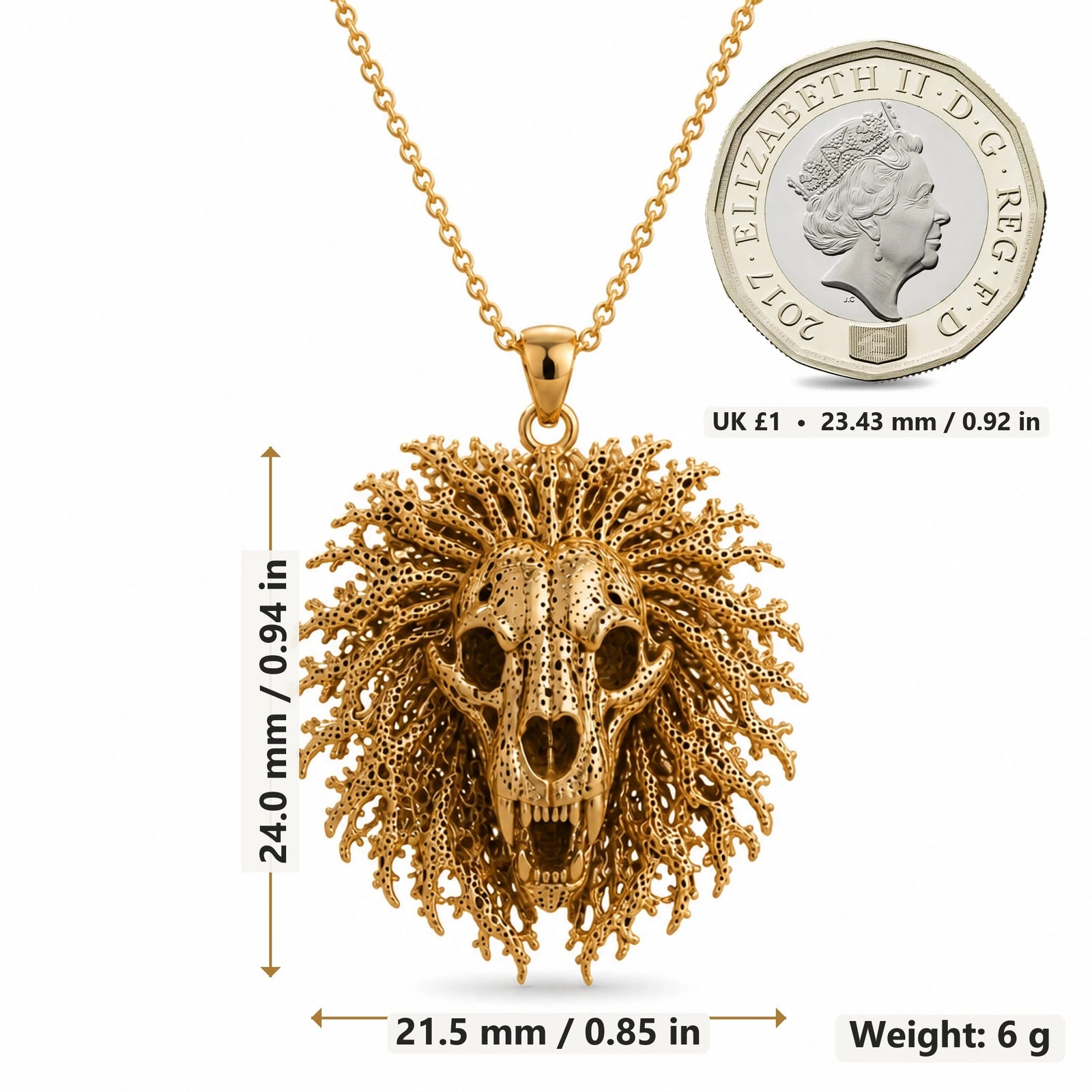 Ancient Lion Skull Crest pendant necklace size image showing 24.0 mm height, 21.5 mm width and 6 g weight