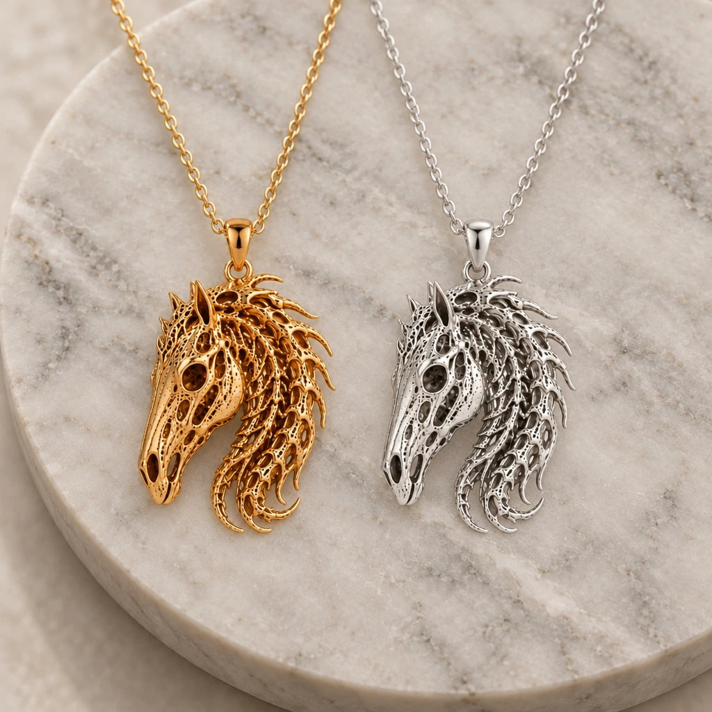 Sacred Horse Skull Relic pendant necklace in silver and gold finishes side by side
