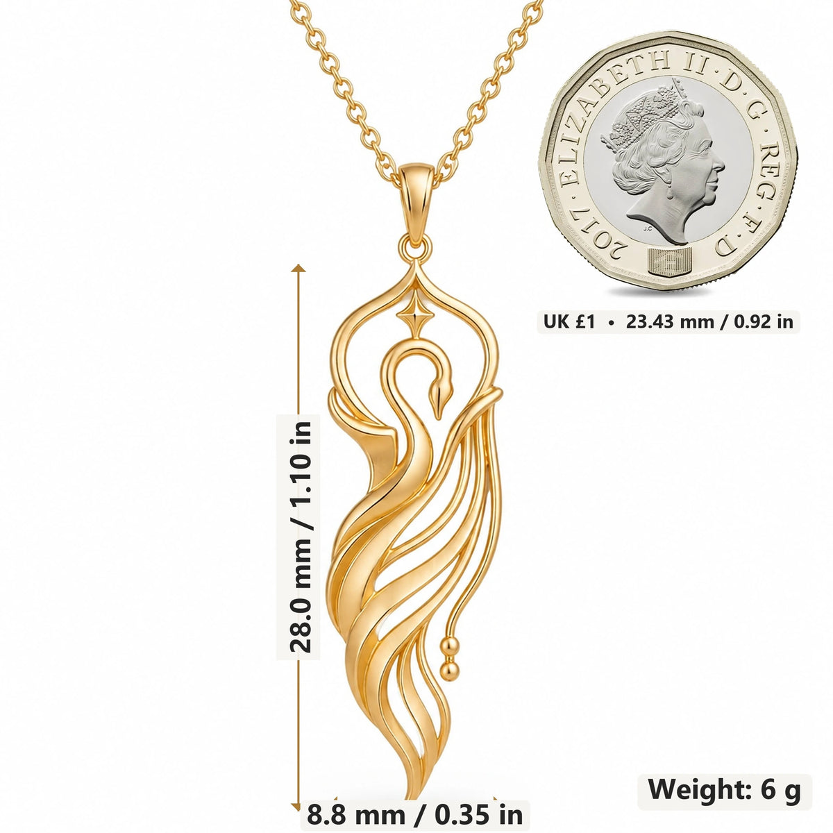 Swan Veil Crest pendant necklace size image showing 28.0 mm height, 8.8 mm width and 6 g weight